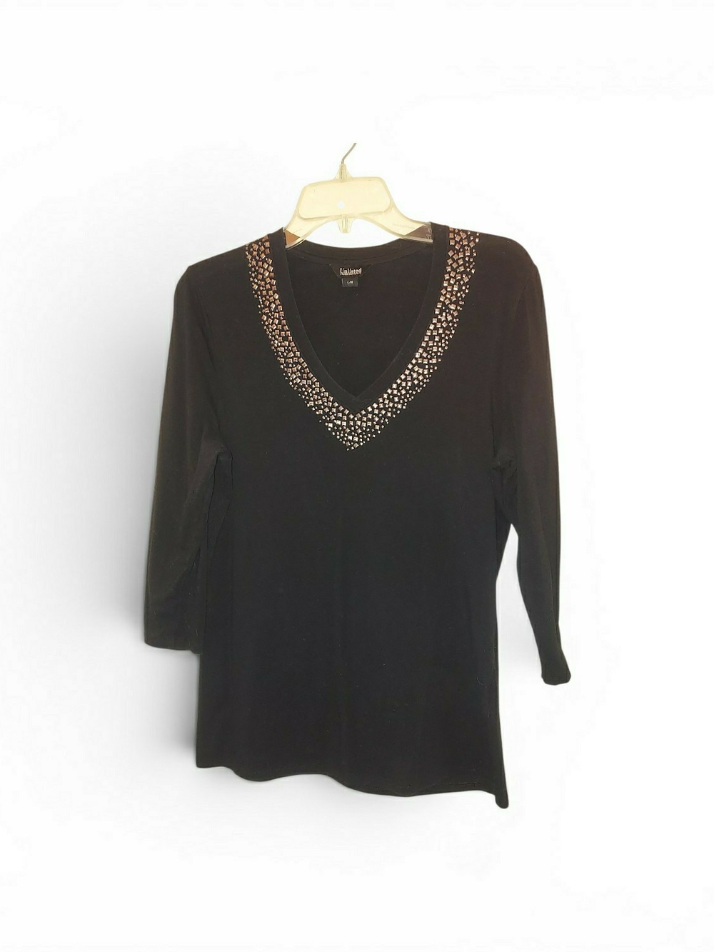Unlisted By Kenneth Cole Black V-Neck 3/4 Sleeve Top with Trim, GUC, Size L